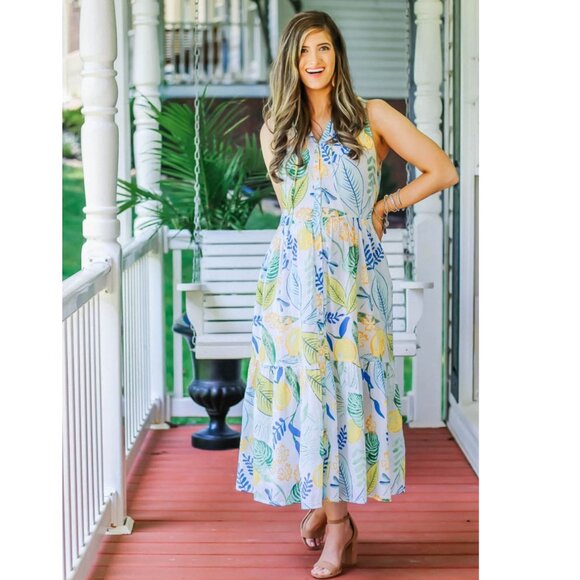 Olivia James Botanical Lemon Print Maxi Dress Tiered Boho Casual Small - Picture 1 of 12